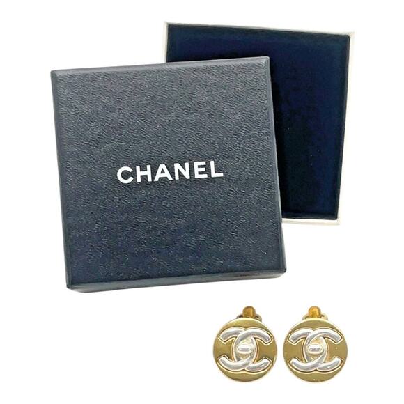 Chanel Vintage Bicolor Turn Lock Coco Earrings Gold Silver W/Box - Picture 2 of 16